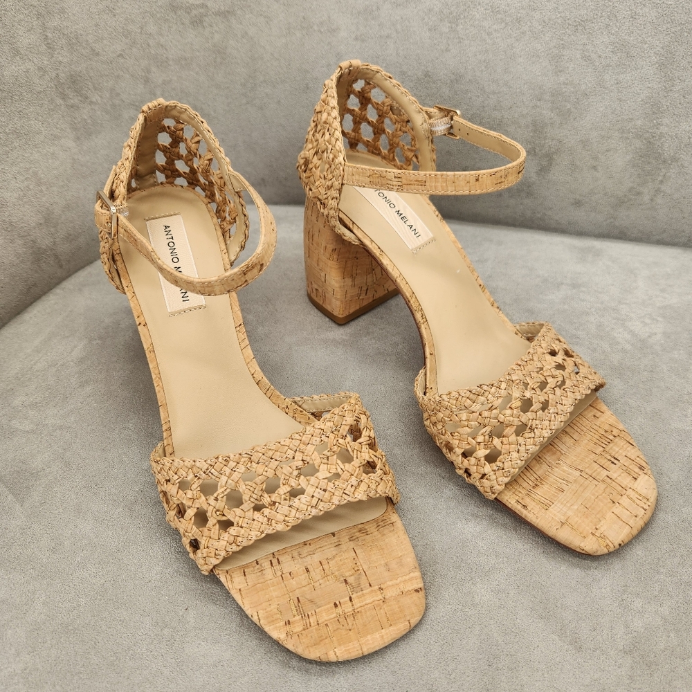 Antonio Melani Heeled Sandals 9.5 Tan Cork Woven Gretel Boho Cottagecore New$140 - Picture 5 of 16